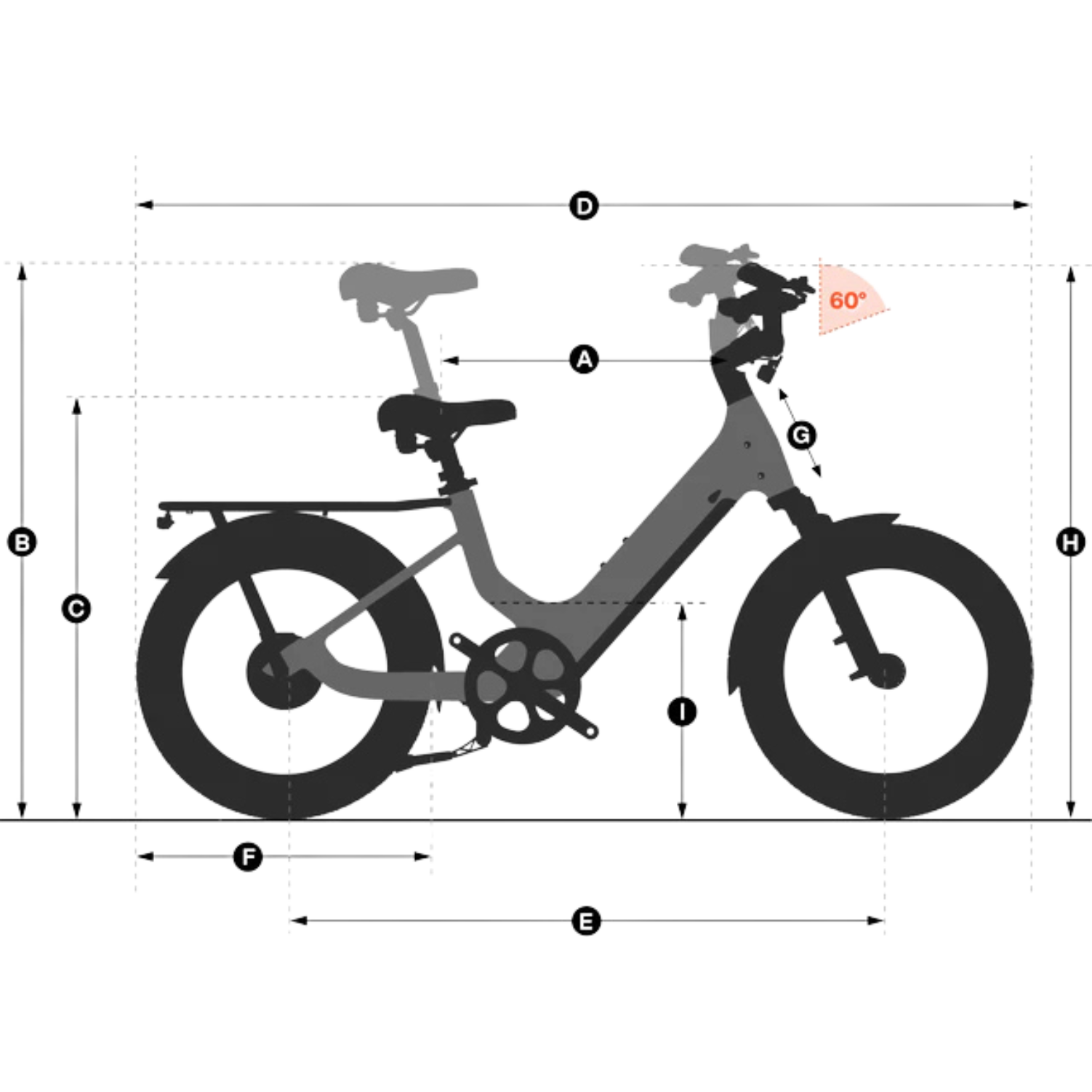 Urtopia Joy Carbon e-bike geometry diagram with labels A–I for top tube, wheelbase, standover and more