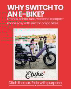 A purple Aventon Abound SR electric cargo bike parked near a lake with a family in the background, promoting sustainable transportation for everyday Canadian life.