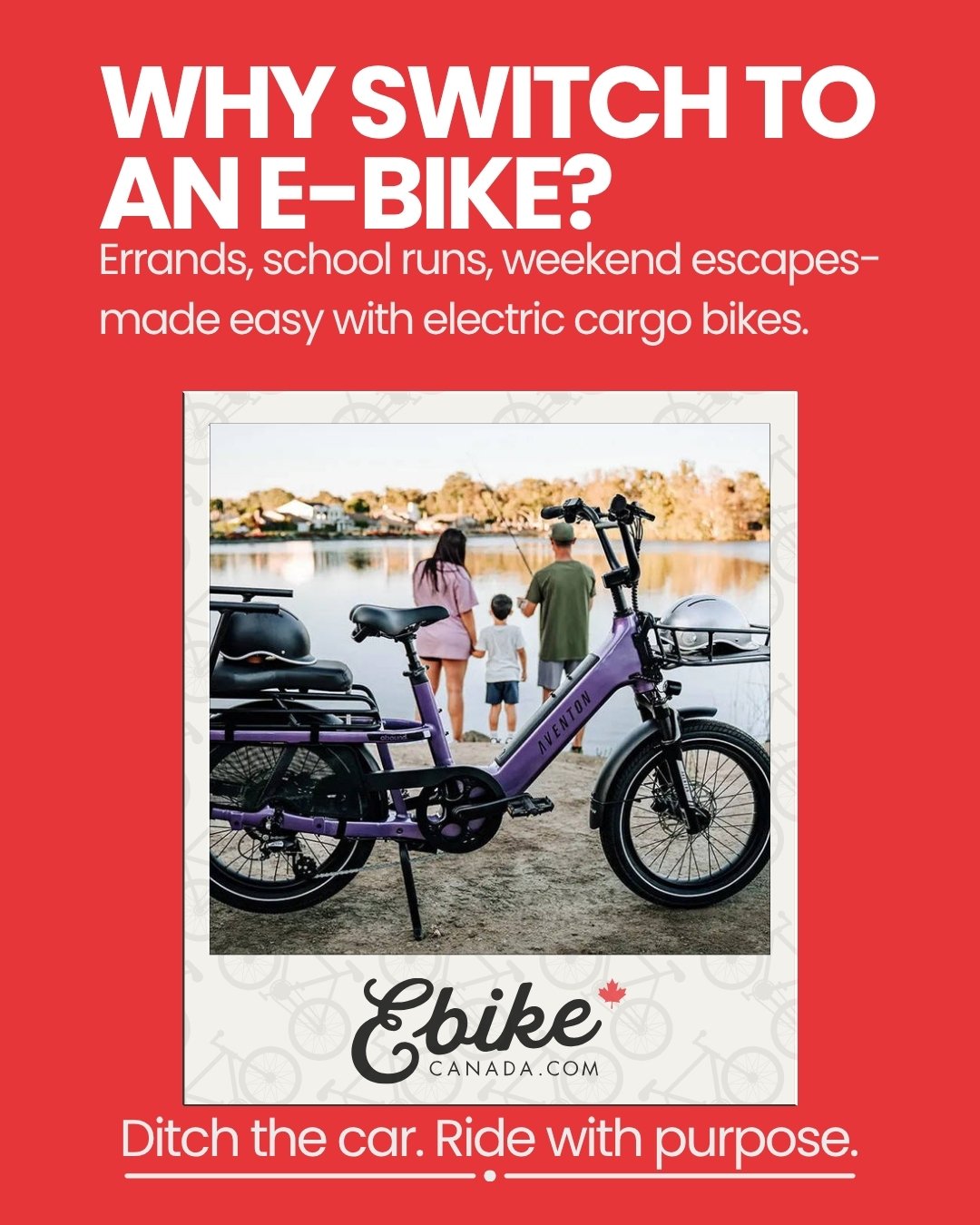 A purple Aventon Abound SR electric cargo bike parked near a lake with a family in the background, promoting sustainable transportation for everyday Canadian life.