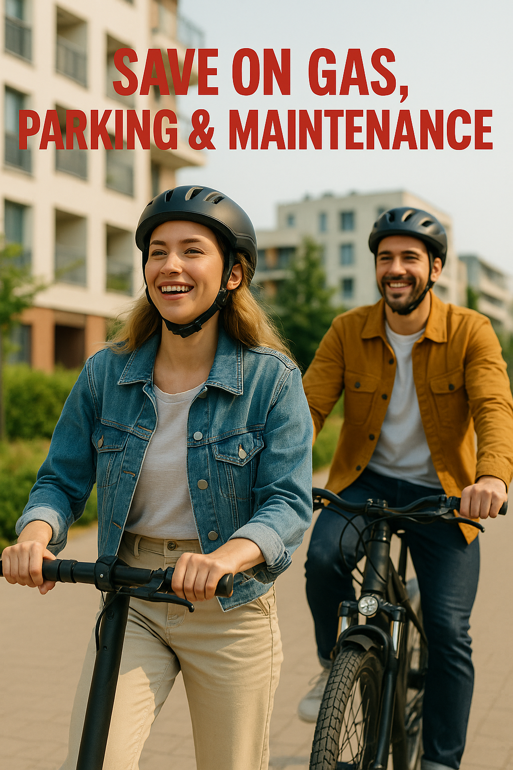 Smiling Canadian commuters riding an e-scooter and an e-bike with helmets, showcasing ABS braking safety for urban electric mobility.