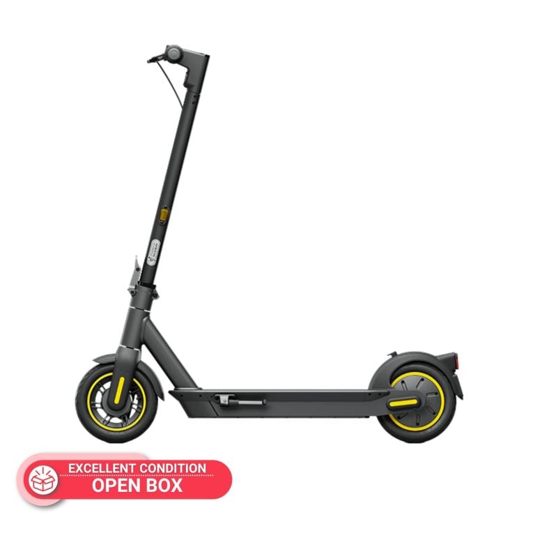 Open box Segway Ninebot MAX G30P electric scooter in excellent condition with yellow-accented wheels