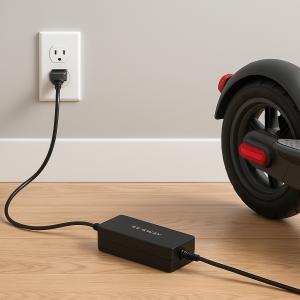 Segway Ninebot electric scooter charger plugged into MAX G30 scooter in Canadian home environment – lifestyle image