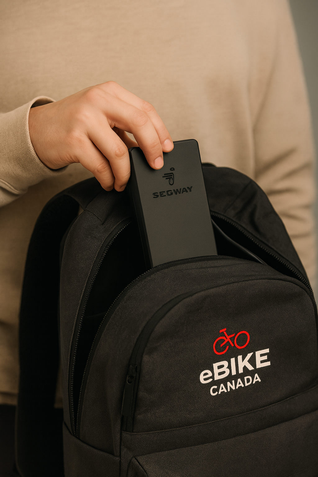 Commuter placing Segway Ninebot electric scooter charger into Ebike Canada branded backpack – portable and travel-friendly accessory